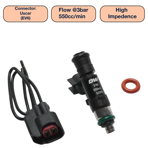 DeatschWerks Universal 550cc Single Fuel Injector / 48mm Length / 14mm O-Ring Seals - DW550-48-14-14-1 Photo - Primary