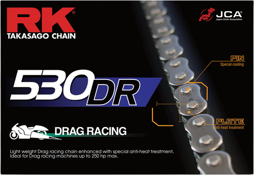 RK EXCEL 530DR Drag Racing Chain 530X140 – Lightweight and High-Strength Chain for Big Bore American Drag Bikes