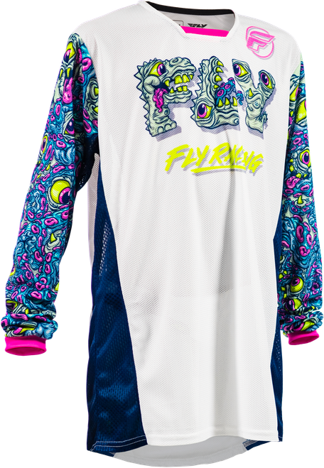 Fly Racing Yth Kinetic Mesh Mutant Jersey White/Blue/Multi YXL - Breathable Youth Racing Jersey