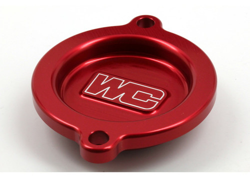 WORKS Oil Filter Cover for KTM, Husqvarna, Gas with Red Anodized Finish - Part 27-115