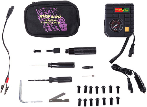 STOP & GO Tubeless Puncture Pilot Kit with Mini Air Compressor and Tire Repair Tools
