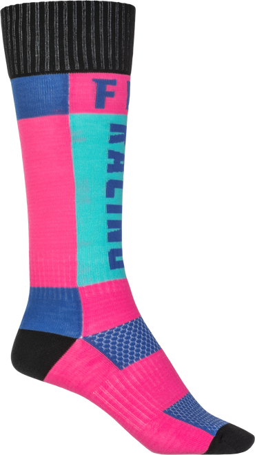 Fly Racing Youth MX Socks Thick Pink/Blue - Durable and Supportive Boot Length Socks