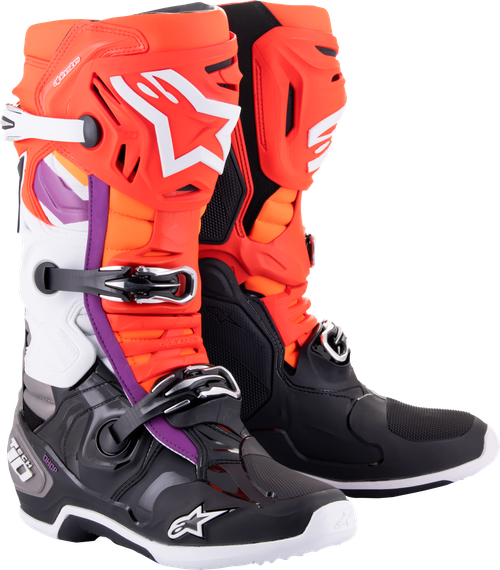 Alpinestars Tech 10 Motorcycle Boots Black / Fluorescent Red / Fluorescent Orange / White, Size 9