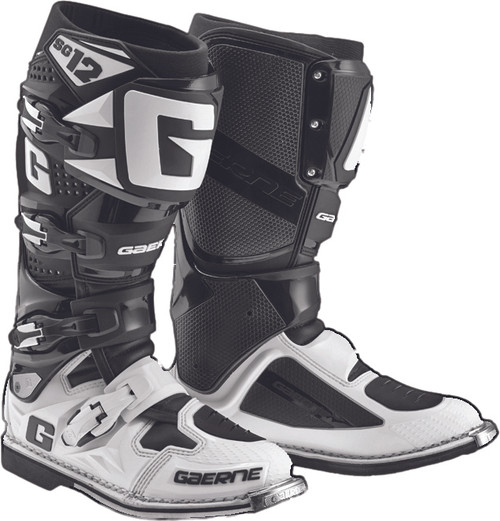 Gaerne SG-12 Boots Black/White Size 09 – High-Performance Motocross Gear with Adjustable Calf Support and Dual-Stage Pivot System