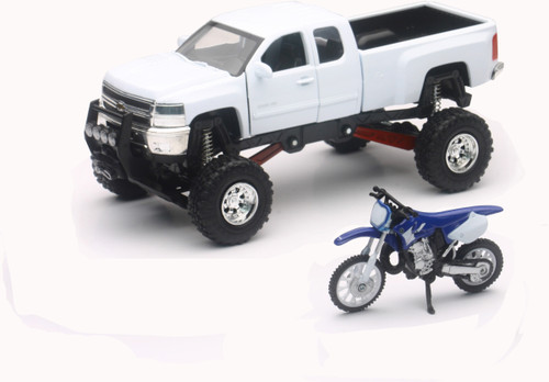 NEW-RAY Replica 1:43 Chevy White Truck and Yamaha Blue Race Bike Set (Part No. SS-54416)