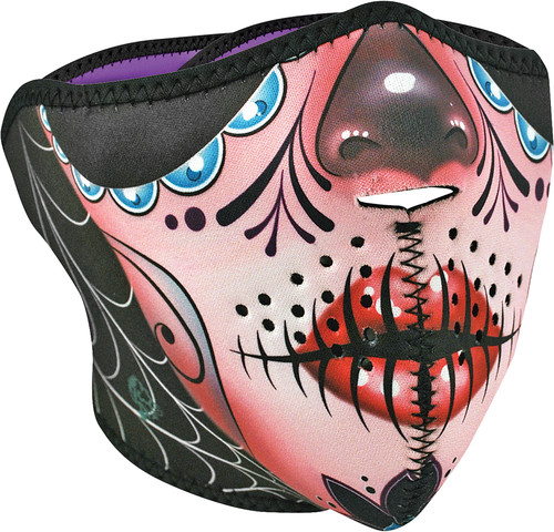 ZAN WNFM082H Neoprene Half Mask Sugar Skull and Purple Reversible
