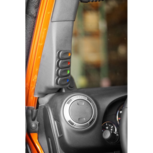Rugged Ridge Real Truck Switch Pod Kit A-Pillar for 2011-2018 Jeep Wrangler JK, 4 Switches, Black, Left-Hand Drive