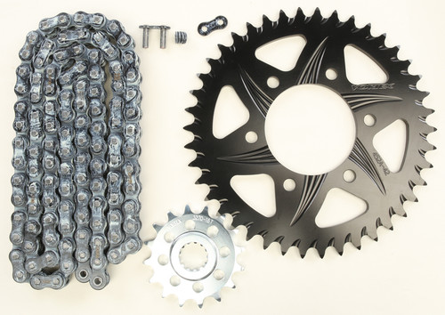 Vortex CK6298 Sprocket and Chain Kit for 520 Series motorcycles with 16-tooth front and 42-tooth rear sprockets, black finish