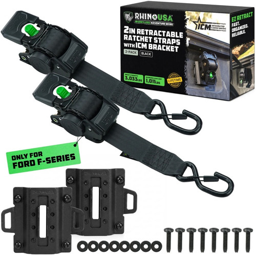 Rhino USA 2in Retractable Ratchet Straps w/Bracket - Black - TD-ICMRE2X10-F User 1