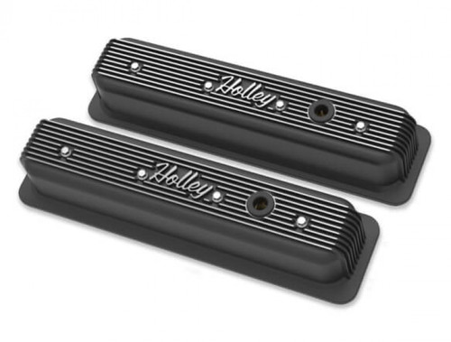 Holley Vintage Finned Valve Cover - "Holley" Script - SBC - Center Bolt - Satin Black Machined