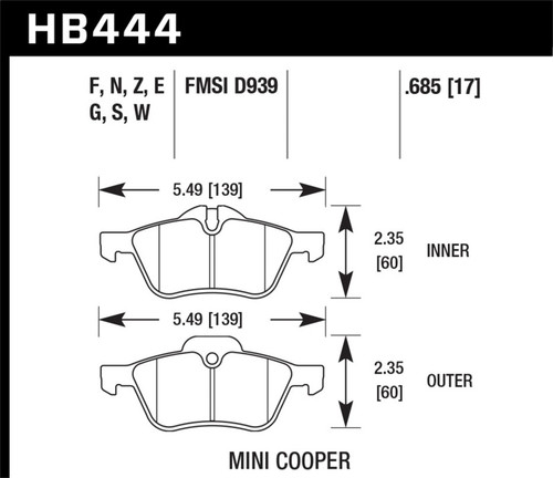 Hawk 06-08 Mini Cooper Base/ S 1.6L HPS 5.0 Front Brake Pads - HB444B.685 Photo - Primary