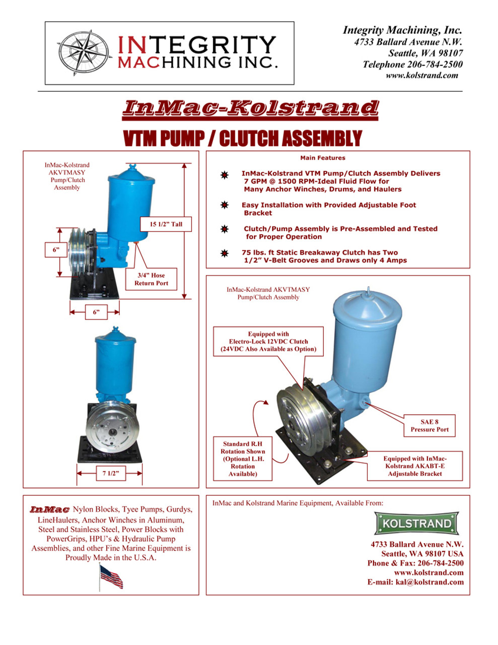 Kolstrand VTM Pump/Clutch Assembly Catalog Sheet
