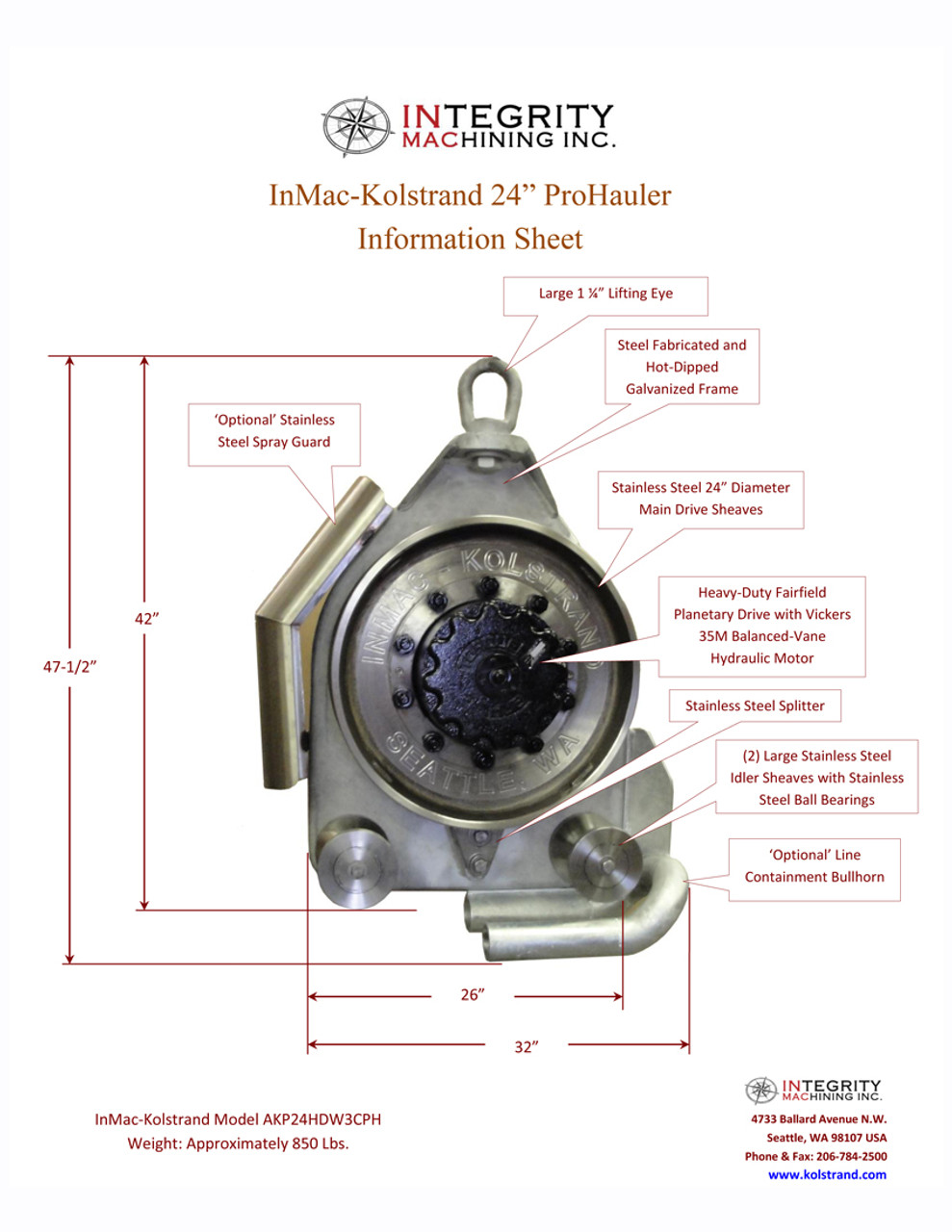 Kolstrand 24" 'Pro-Hauler' - Stainless Steel Sheaves & Fairfield 18:1 Planetary Drive
