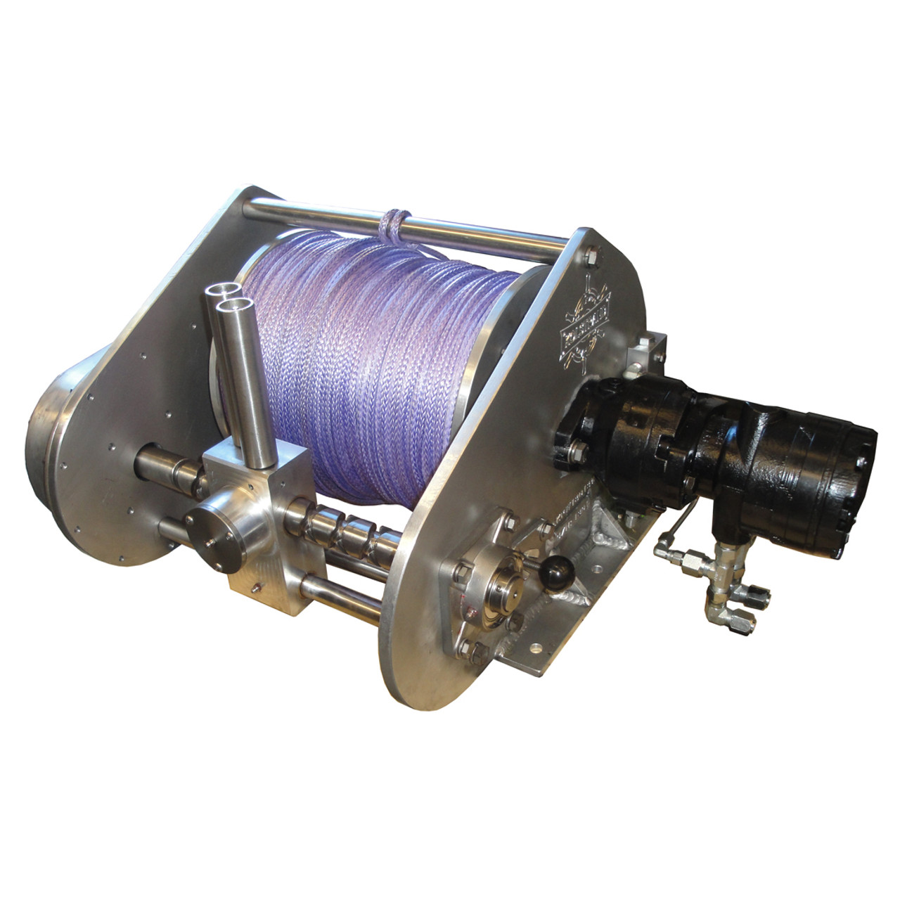 Kolstrand AKPW12D12W-ULW special aluminum winch with diamond screw level wind and smaller drum core without slip-ring access-with manual drum ratchet and dog-and with hydraulic brake assembly-with spooled line