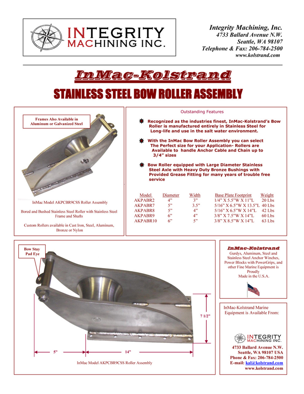 Kolstrand 6" Diameter X 5" Wide Stainless Steel Bow Roller Assembly