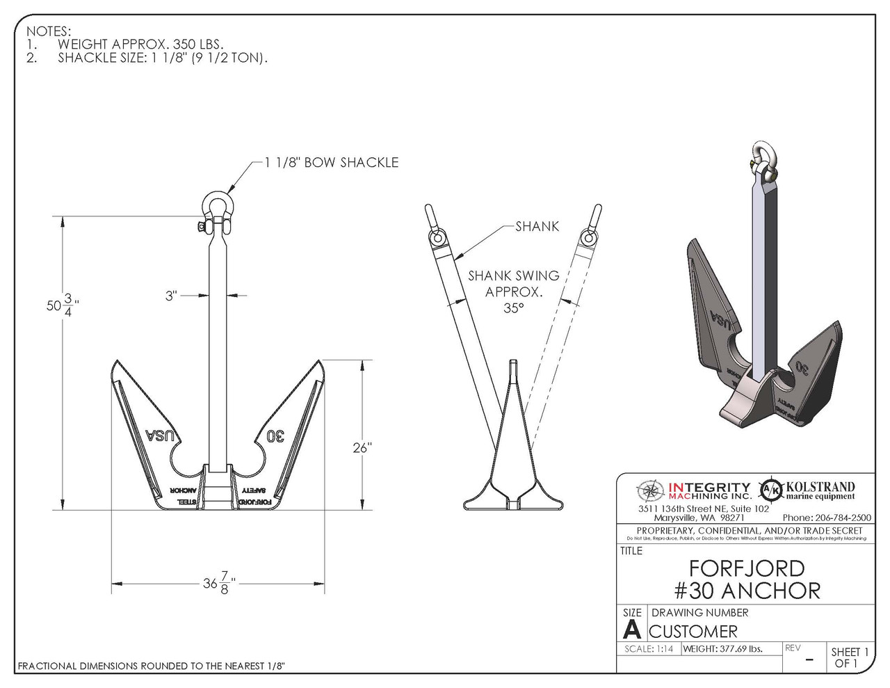 Forfjord #30 Galvanized Marine Anchor 350 LBS