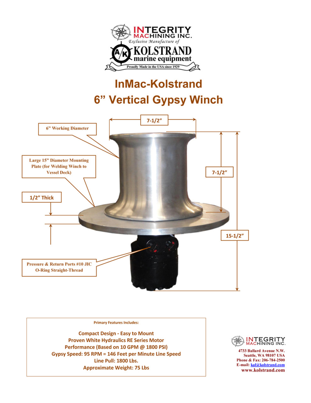 Kolstrand 6"  Vertical Capstan Winch with Weld-Down Style Aluminum Frame & Capstan Head with Capstan Cap