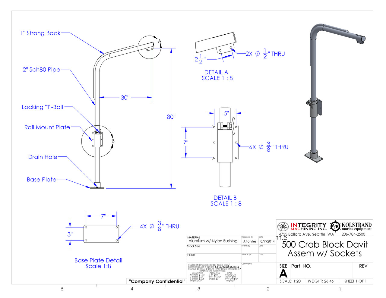 Kolstrand No. 500 Crab 2 Inch Davit with Sockets