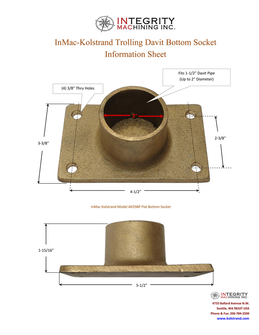 Kolstrand Heavy-Duty Brass Gurdy Davit Flat Bottom Socket 