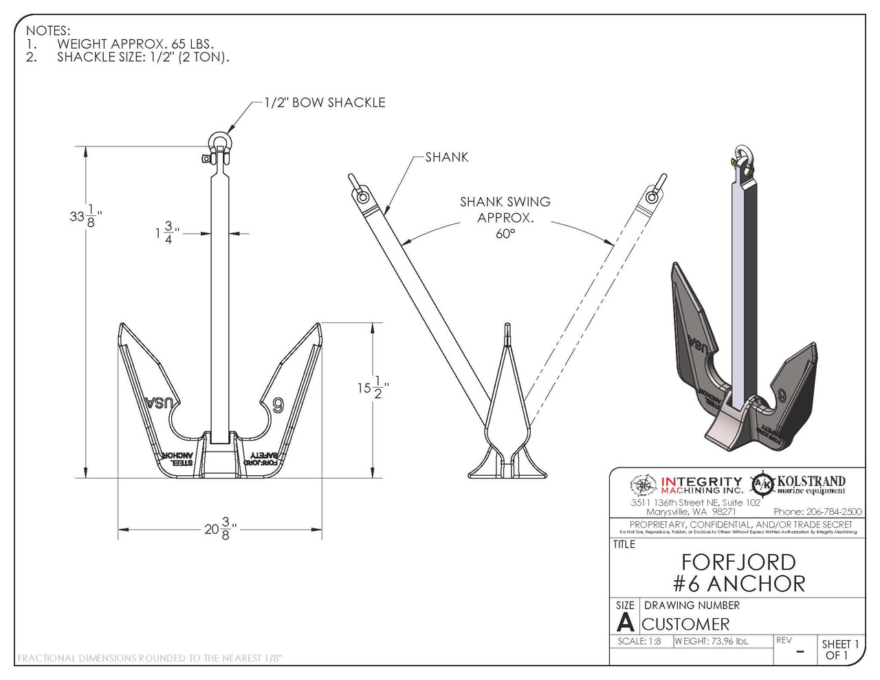 Kolstrand Forfjord #6 Galvanized Marine Anchor-65 LBS