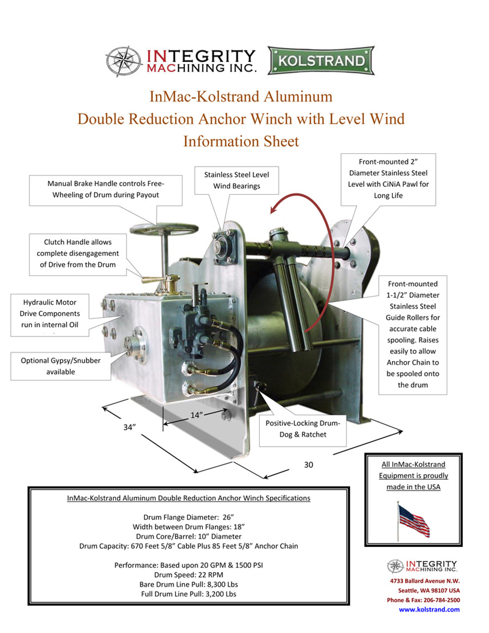 Kolstrand 26D18W Double Reduction Anchor Winch with Level Wind