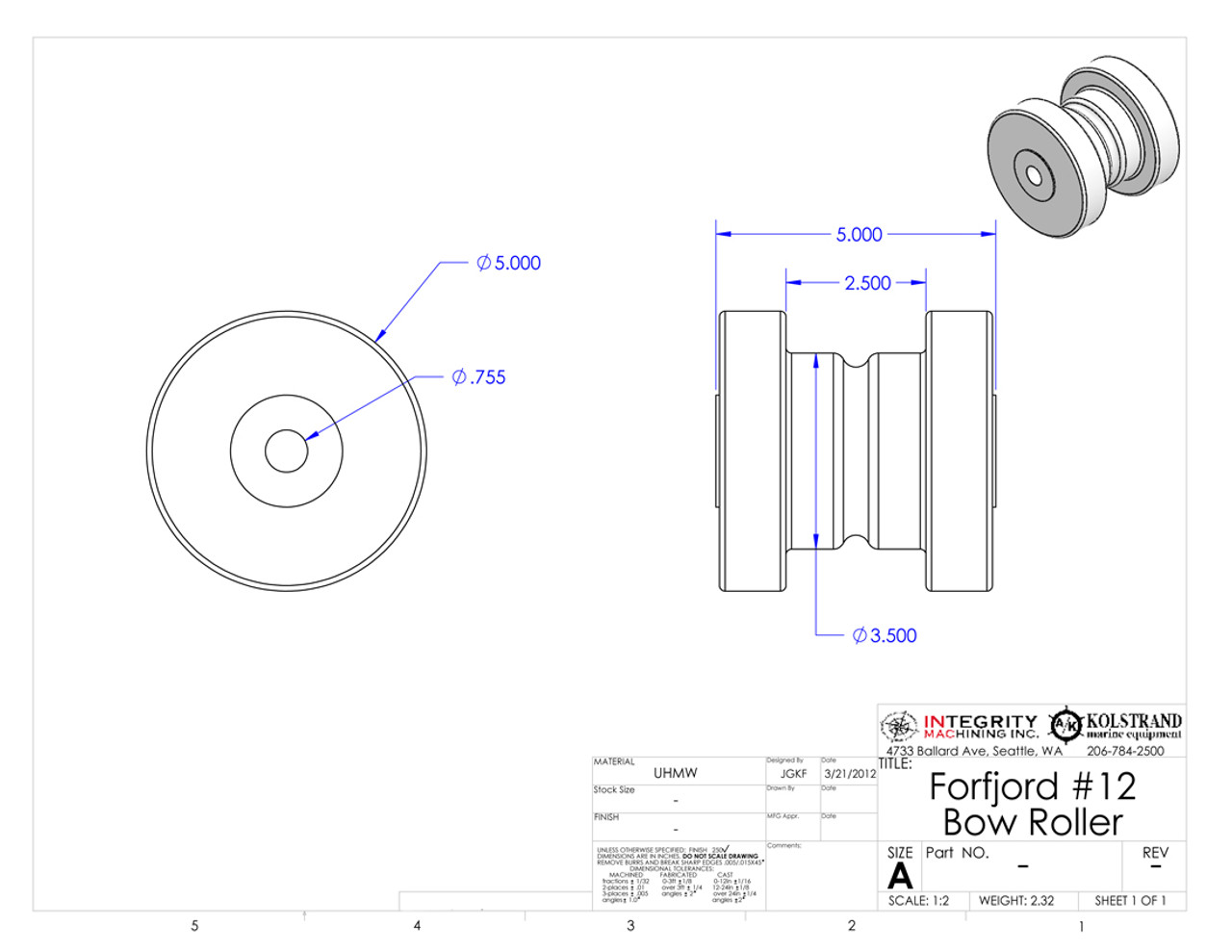 Kolstrand 5" Diameter X 5" Wide UHMW Bow Roller with Shaft Pin for Use with Forfjord #12 Anchor