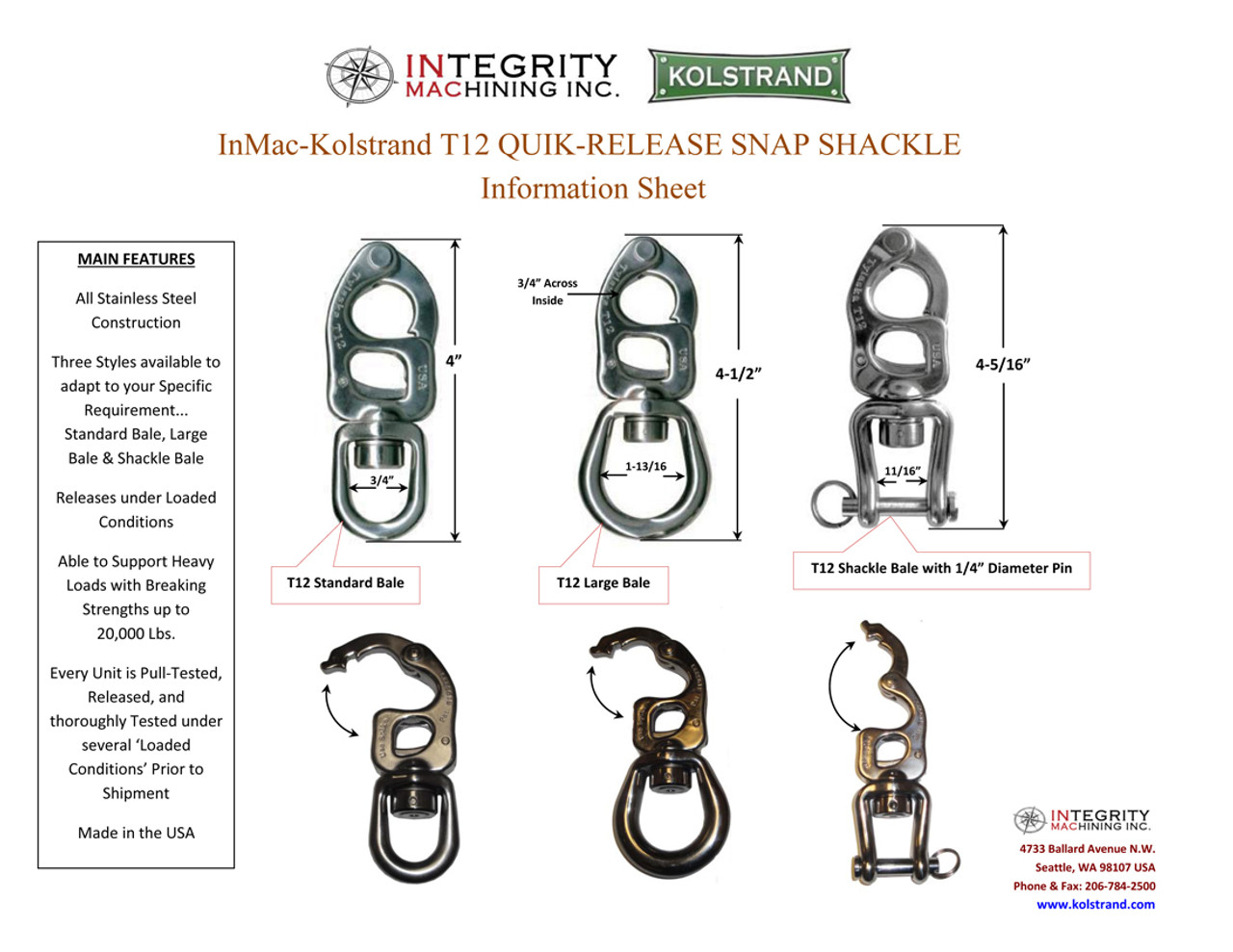 Tylaska Stainless Steel T12-C Quick-Release 'Clevis Bail' Snap Shackle