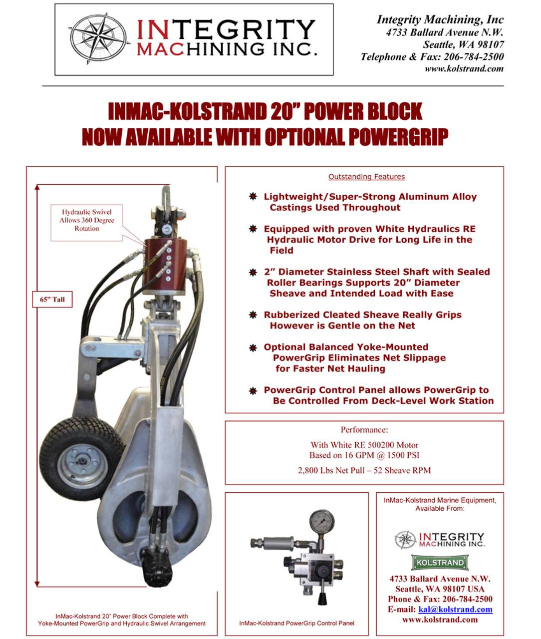 Catalog Sheet for Kolstrand 20 Inch Power Block with Vulcanized Rubber Sheave and Yoke-mounted PowerGrip with Hydraulic Swivel Arrangement