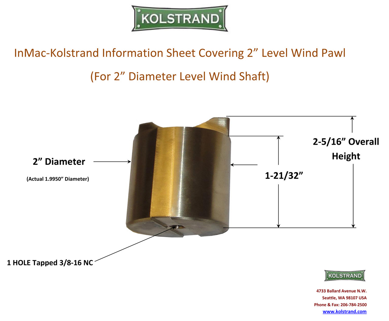 2" Diameter X 2-5/16" OAL Level Wind Pawl Info Sheet