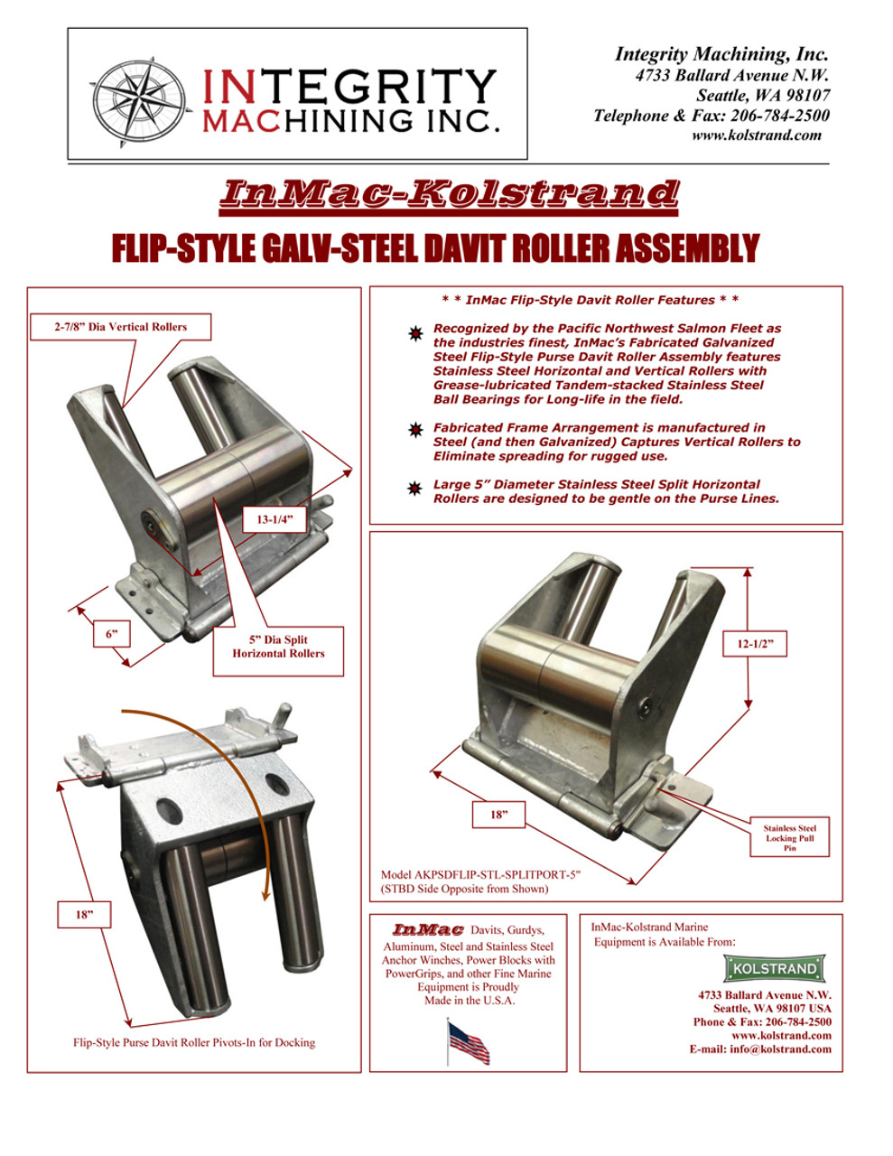 Catalog Sheet for Kolstrand 'CAPTURED-5' RAIL-MOUNT Flip-Style Galvanized Steel Seine Davit Roller