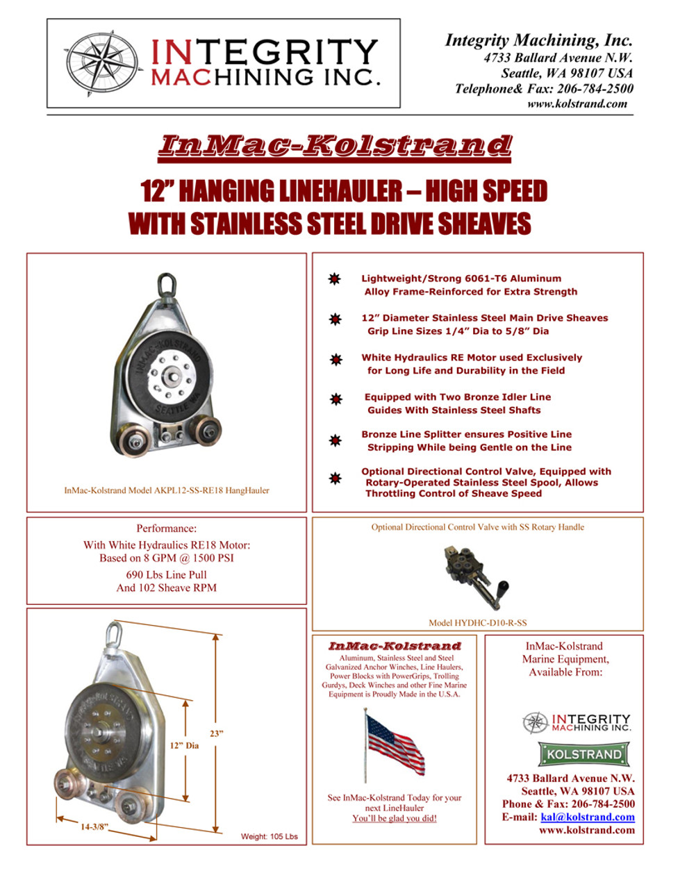 Kolstrand 12 Inch Hanging-style LineHauler with Stainless Steel Main Drive Sheaves and RE18 Hydraulic Motor