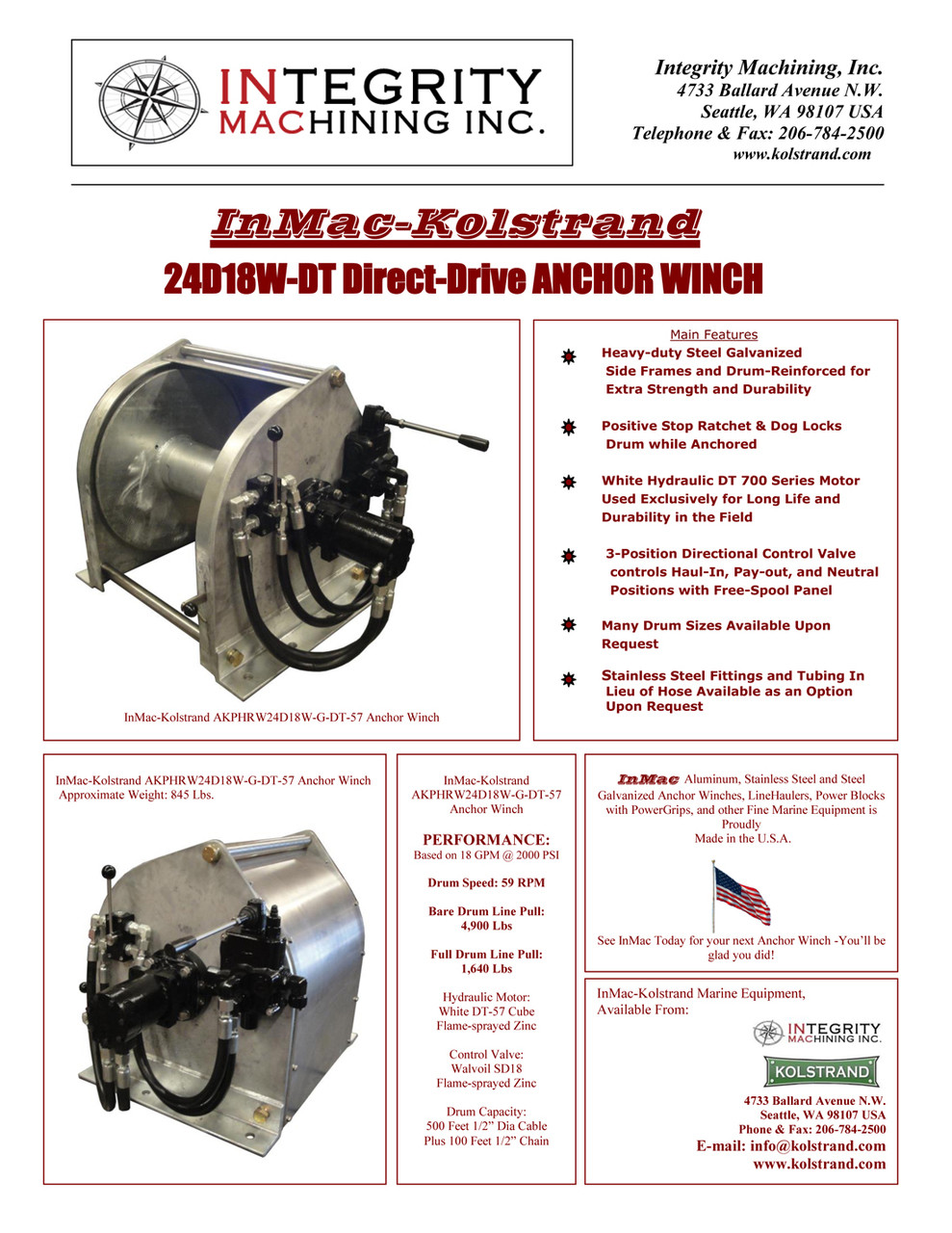 Catalog Sheet for InMac-Kolstrand Steel Galvanized 24" Anchor Winch - Model 24D18W-DT-57 Direct Drive