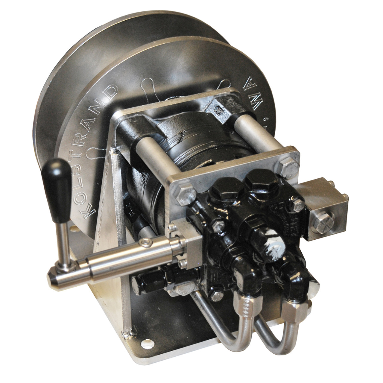 Kolstrand Ssngle spool stainless steel 'DINGLEBAR' rail-mount power gurdy/winch with rotary control valve