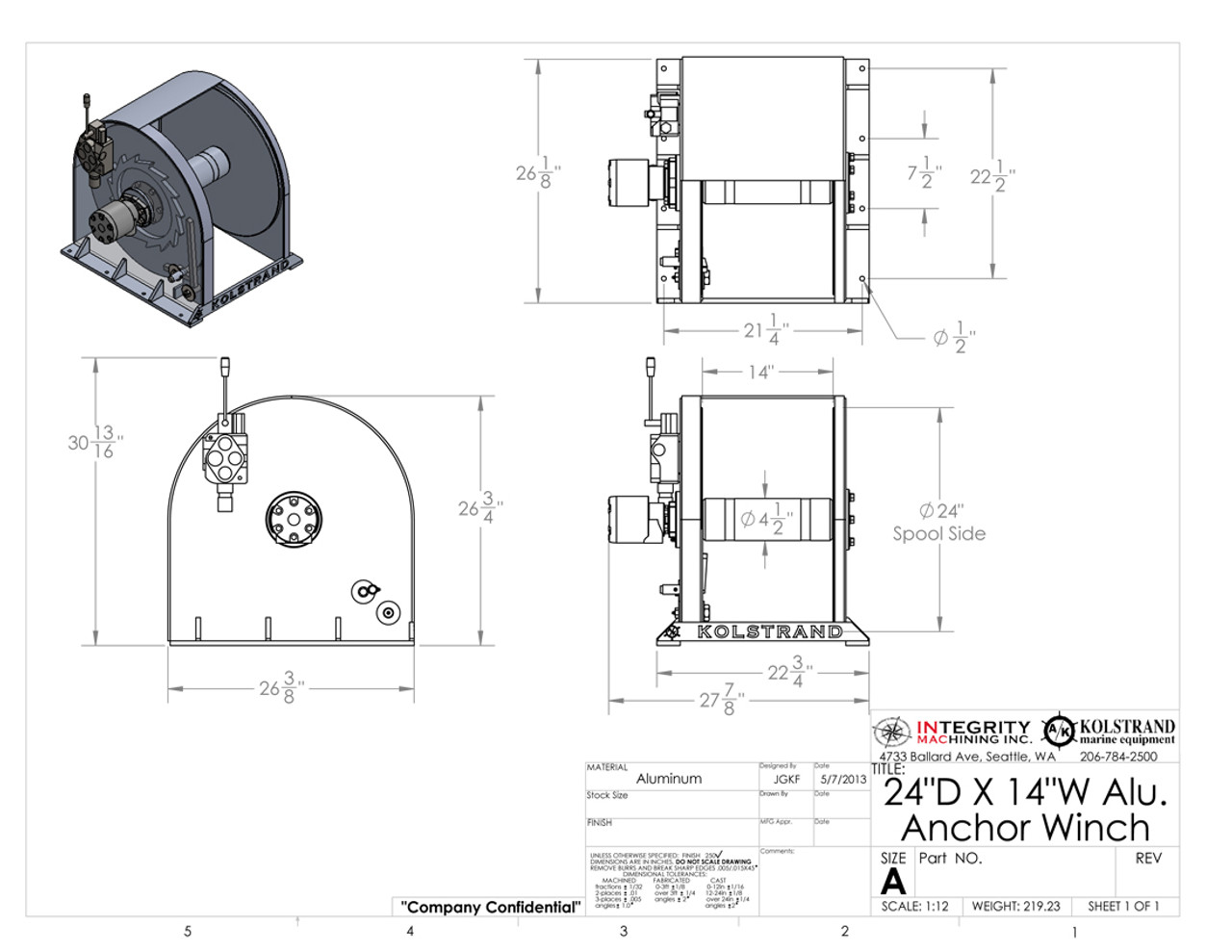 Kolstrand 24 Inch Anchor Winch - With 24 In Diameter X 14 In Wide Drum-Dimensional Drawing