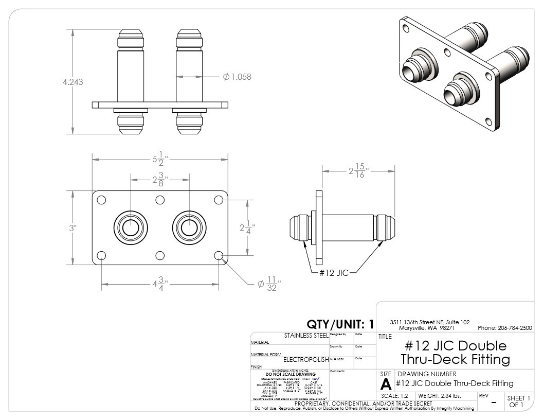 #12 JIC Double Thru-Deck Fitting
