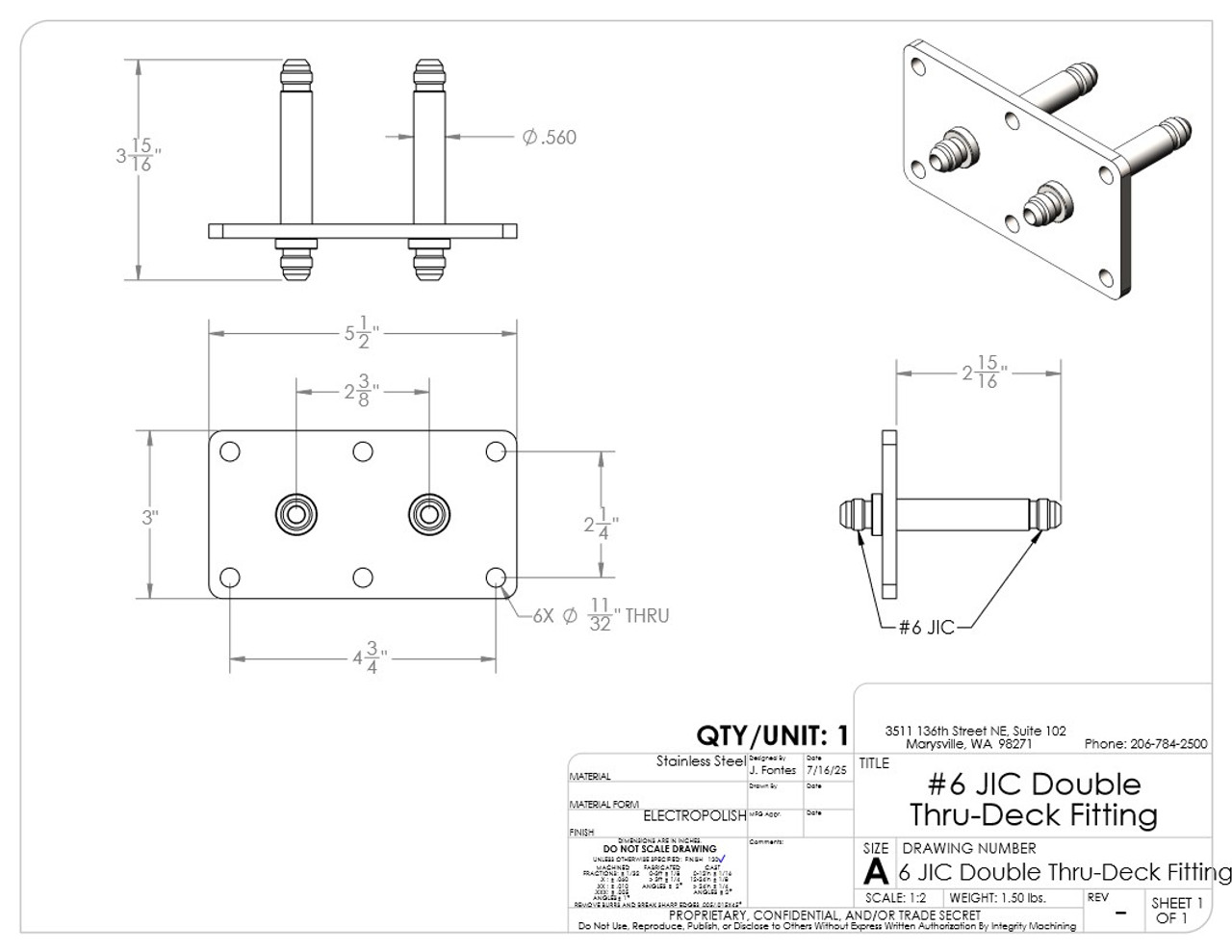 #6 JIC Double Thru-Deck Fitting #6 JIC Double Thru-Deck Fitting
