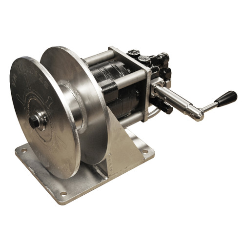 Kolstrand Ssngle spool stainless steel 'DINGLEBAR' rail-mount power gurdy/winch with rotary control valve