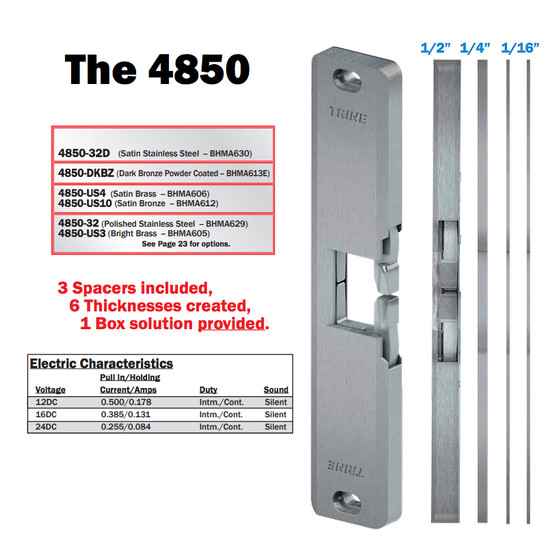 TRINE 4850 LCD 32D - 1/2" Elect strike for rim panic 24V .135mA - satin stainless steel
