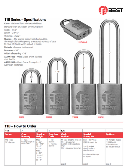 BEST 11B72LM5 -  Padlock, Less Core, steel shackle 1/4" x 3/4", galvanized steel chain