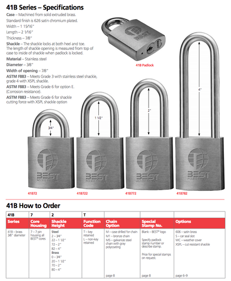 BEST 41B772LXSPL - Padlock, Less Core, cut resistant shackle 3/8" x 2"