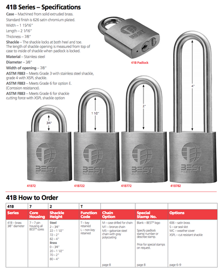 BEST 41B782LXSPL - Padlock, 7 pin housing, 4" shackle, non-key retained, cut resistant shackle