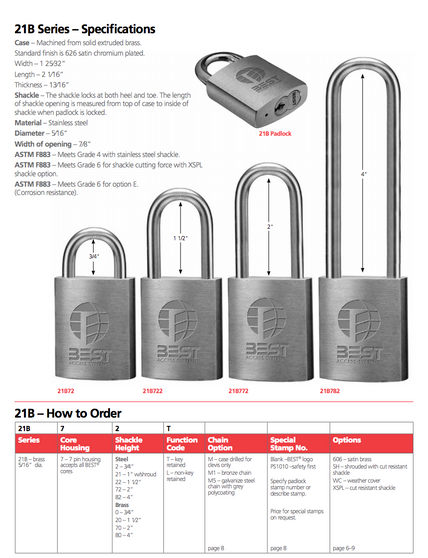 BEST 21B721LSH - Padlock, Less Core, steel shackle 5/16" x 1" w/shroud