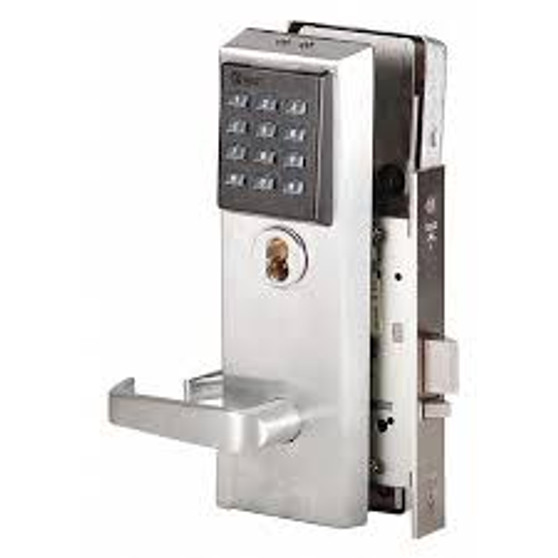 BEST 45HZ7DV15KP626LH - Keypad EZ mortise lock-7 pin housing-LESS CORE, single keyed latch, contour angle return lever, key pad-satin chromium