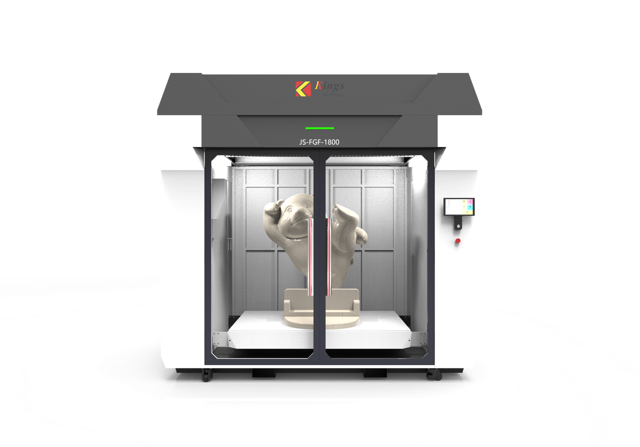 Kings JS-FGF-1800 industrial pellet 3D printer front view with printed sculpture