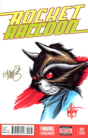ROCKET RACCOON #1 BLANK VARIANT SIGNED BY SKOTTIE YOUNG AND REMARKED WITH A ROCKET RACCOON SKETCH BY KEN HAESER