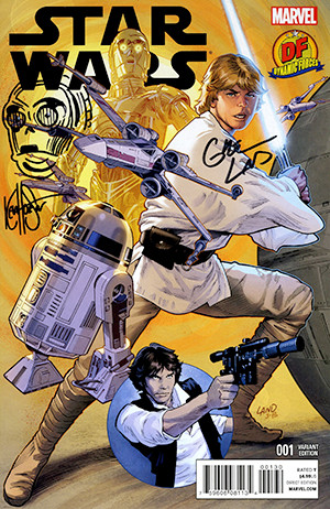 STAR WARS #1 DYNAMIC FORCES VARIANT SIGNED BY GREG LAND AND REMARKED WITH A STAR WARS UNIVERSE CHARACTER HEAD SKETCH BY KEN HAESER
