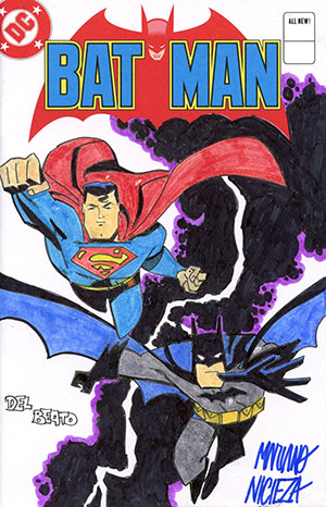 DC COMICS COMMISSIONED COVER ART SIGNED AND REMARKED BY JOE DELBEATO AND MARIANO NICIEZA WITH A BATMAN/SUPERMAN SKETCH