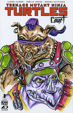 TEENAGE MUTANT NINJA TURTLES #1 BLANK VARIANT SIGNED AND REMARKED BY JESSICA COURT WITH A BEBOP AND ROCKSTEADY SKETCH