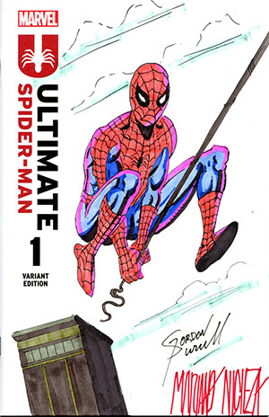 MARVEL COMICS COMMISSIONED COVER ART SIGNED AND REMARKED BY GORDON PURCELL AND MARIANO NICIEZA WITH A SPIDER-MAN SKETCH