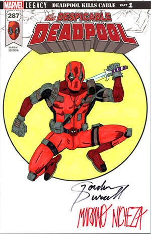 MARVEL COMICS COMMISSIONED COVER ART SIGNED AND REMARKED BY GORDON PURCELL AND MARIANO NICIEZA WITH A DEADPOOL SKETCH